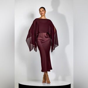 Women's Burgundy Satin Maxi Dress with Sheer Cape